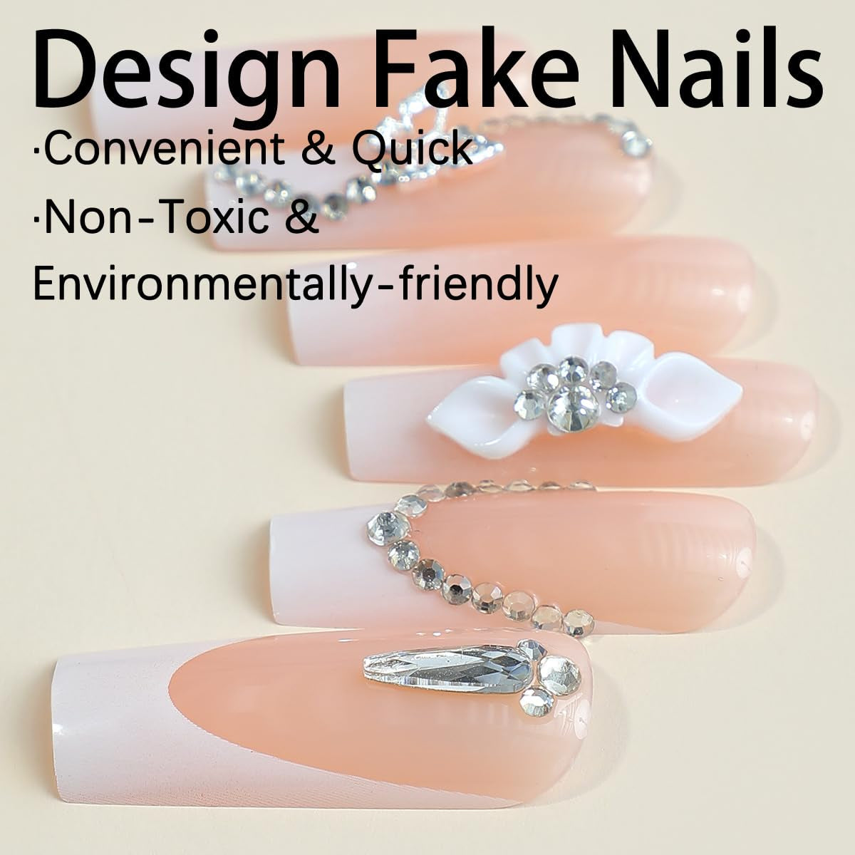 24 Pcs Long Press on Nails Square White French Fake Nails Glossy Press Ons False Nail Tips with Rhinestone Butterfly Nail Charms and 5D White Flowers Design Manicure Decorations for Women and Girls