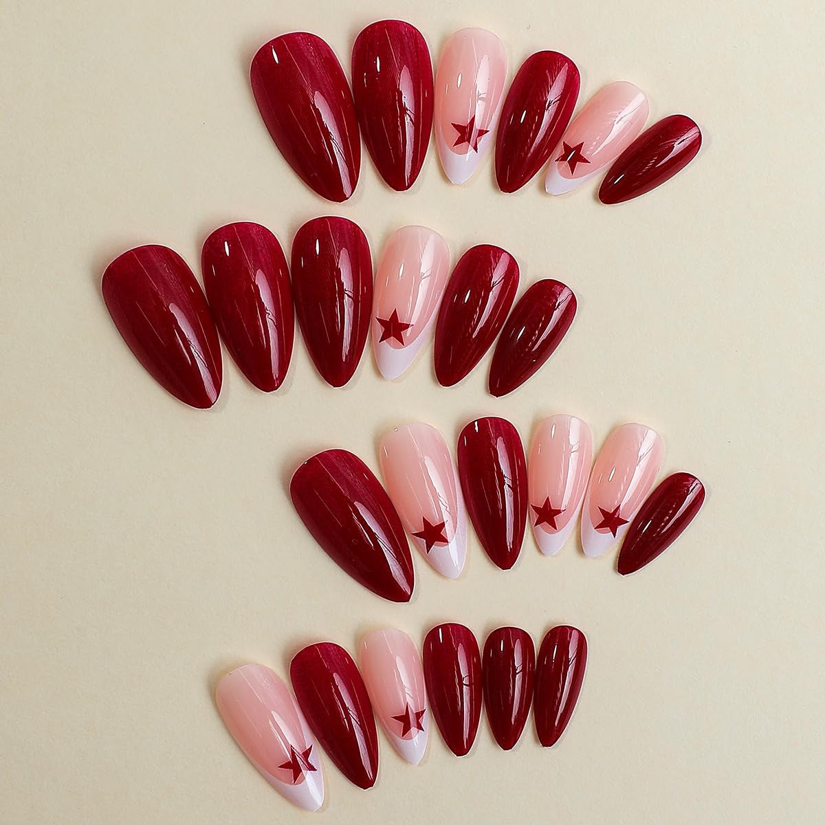 Almond Press-On Nails, 24Pcs Medium Red Star Design, Acrylic False Nails for Women, Glossy Finish, Easy to Use, Ideal for Special Events, 1 Box