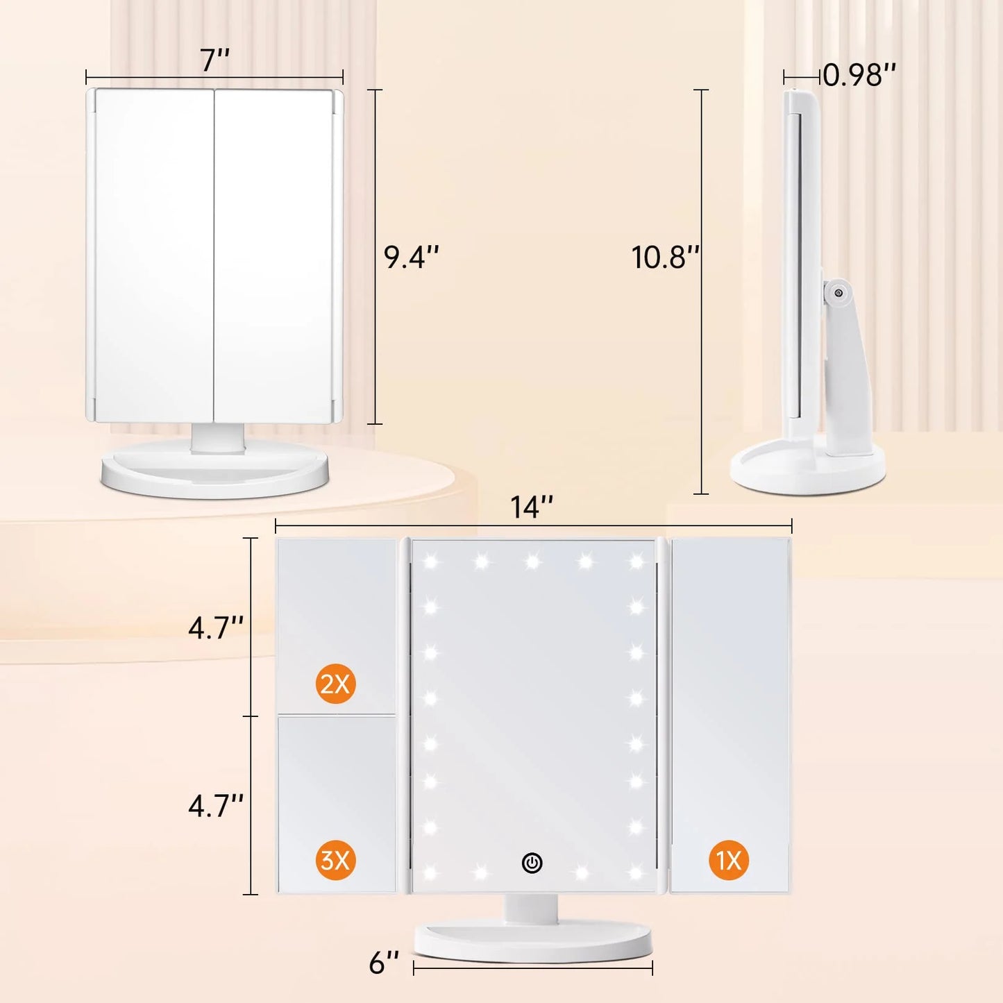 Trifold Portable Vanity Makeup Mirror, 2X 3X Magnification, LED Lighted Beauty Mirror White