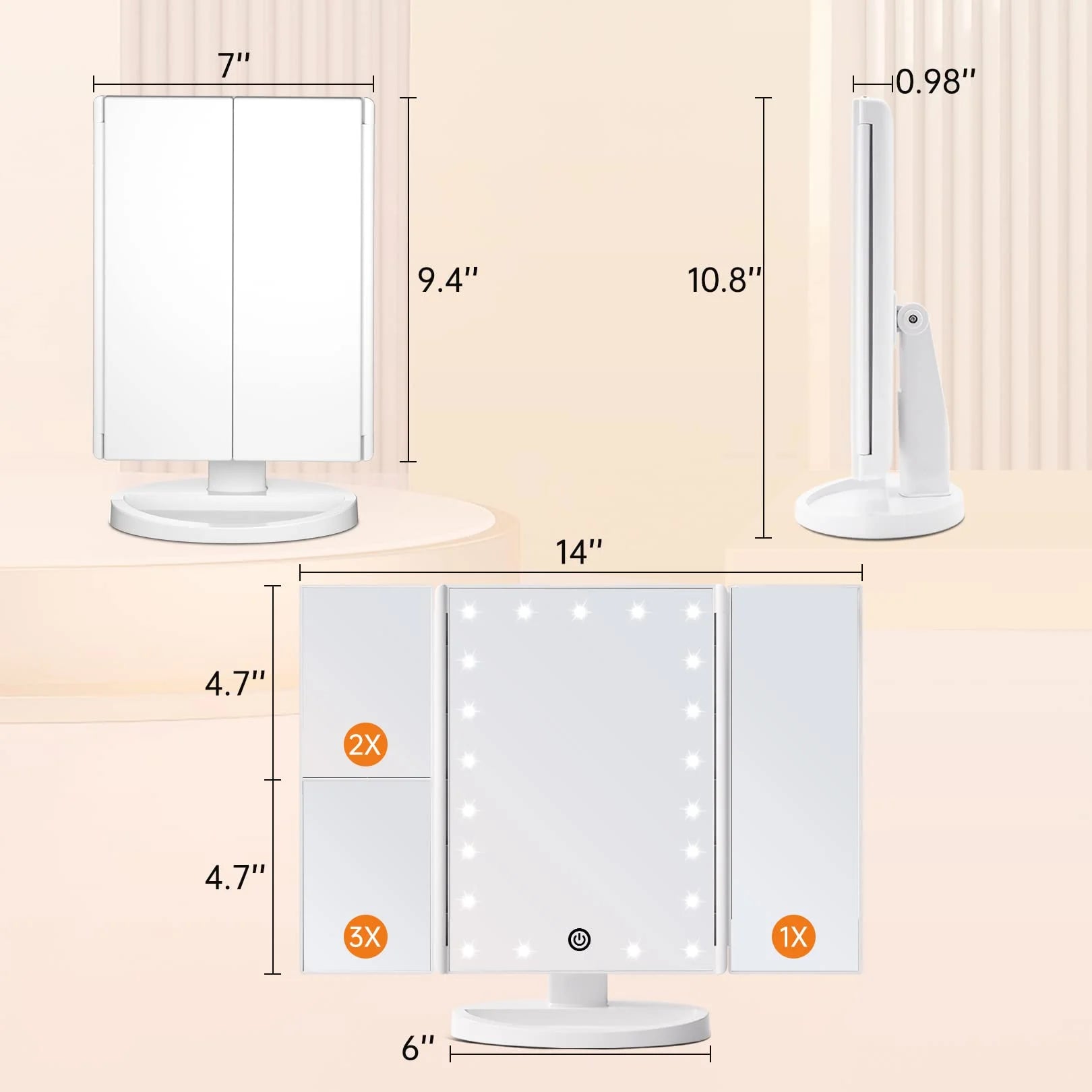 Trifold Portable Vanity Makeup Mirror, 2X 3X Magnification, LED Lighted Beauty Mirror White