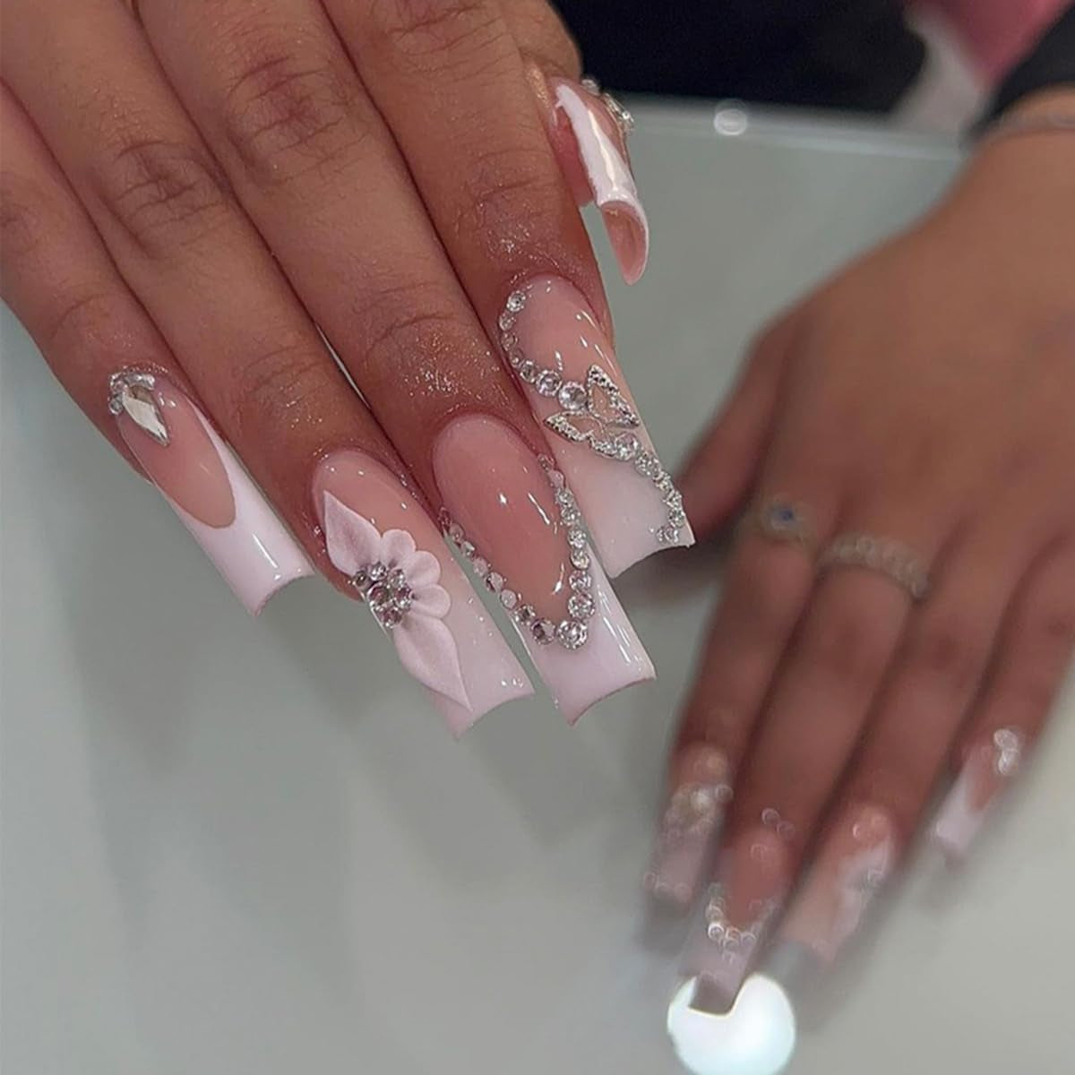 24 Pcs Long Press on Nails Square White French Fake Nails Glossy Press Ons False Nail Tips with Rhinestone Butterfly Nail Charms and 5D White Flowers Design Manicure Decorations for Women and Girls
