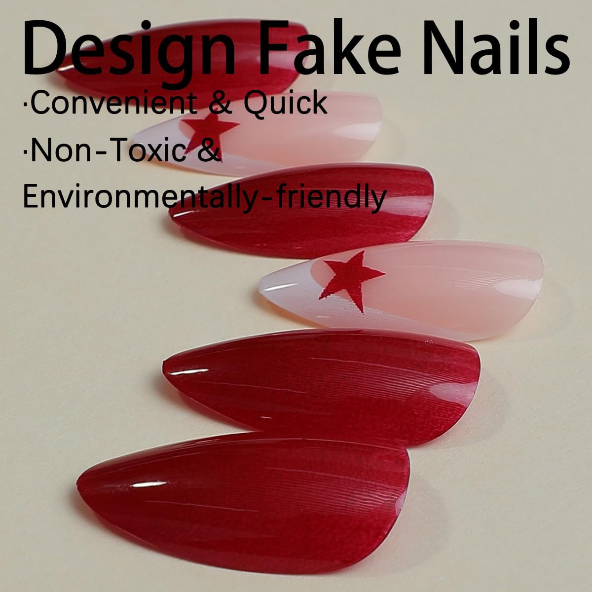 Almond Press-On Nails, 24Pcs Medium Red Star Design, Acrylic False Nails for Women, Glossy Finish, Easy to Use, Ideal for Special Events, 1 Box