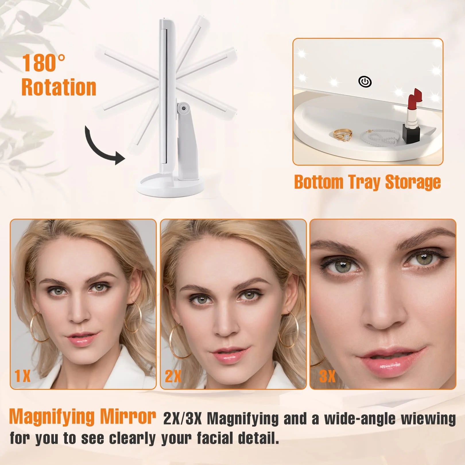 Trifold Portable Vanity Makeup Mirror, 2X 3X Magnification, LED Lighted Beauty Mirror White