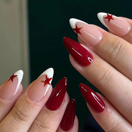Almond Press-On Nails, 24Pcs Medium Red Star Design, Acrylic False Nails for Women, Glossy Finish, Easy to Use, Ideal for Special Events, 1 Box