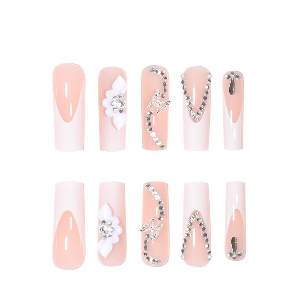 24 Pcs Long Press on Nails Square White French Fake Nails Glossy Press Ons False Nail Tips with Rhinestone Butterfly Nail Charms and 5D White Flowers Design Manicure Decorations for Women and Girls