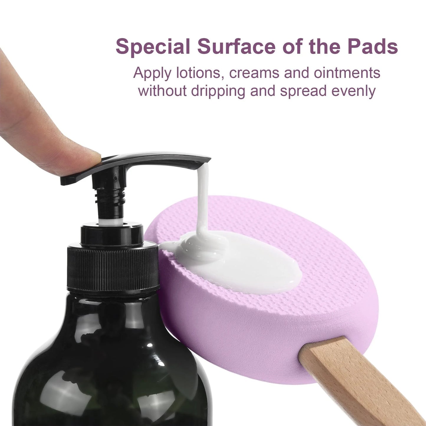 Lotion Applicator for Back, Foot, 4 Replaceable EVA Pads with 1 Long Handle, Back Lotion Applicator for Elderly, Women, Purple